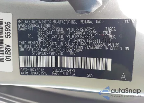 2007 Toyota Sienna Le z USA, uszkodzony, nr VIN 5TDZK23C77S016948